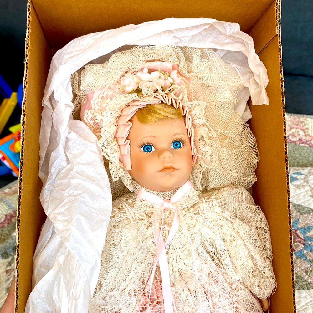 Vintage ELSIE MASSEY DOLL 257 Baby in Long Peachy Pink Satin & Lace Dress